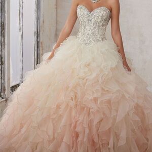 Morilee Madeline Gardner Vizcaya Moonstone Jewel Beads on Ruffled Ball Gown